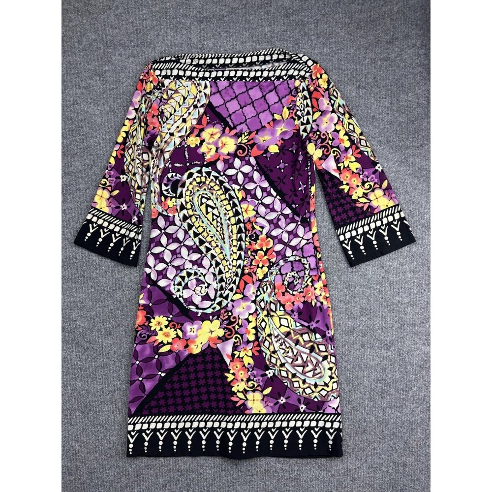 Eci New York Dress Womens 4 Purple Paisley Floral Sheath Stretch‎ Knit Print